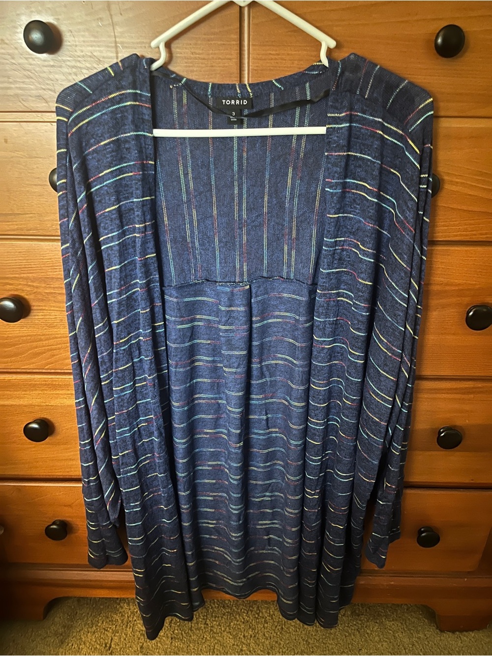 Torrid Navy Blue Cardigan with Multicolor Pinstripes